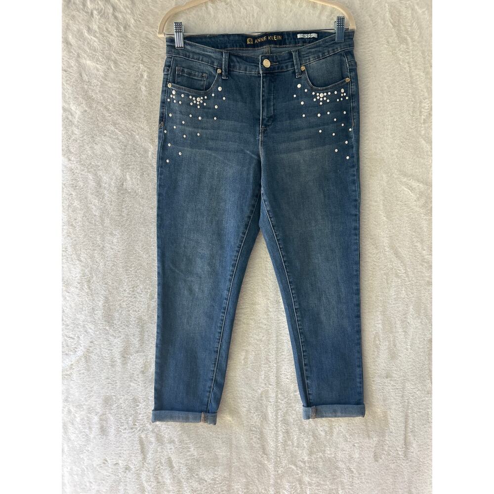 Anne Klein Women’s Jeans Blue Studded Straight Leg Denim Pants 8P‎